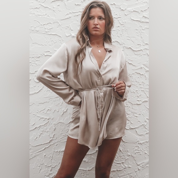 Satin Button Up Romper in Iced Latte - Picture 1 of 7